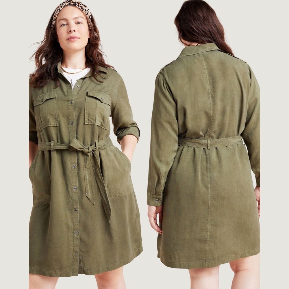 Cloth & Stone Anthropologie Eryn Utility Shirt Dress 2X Tencel Green Safari Boho